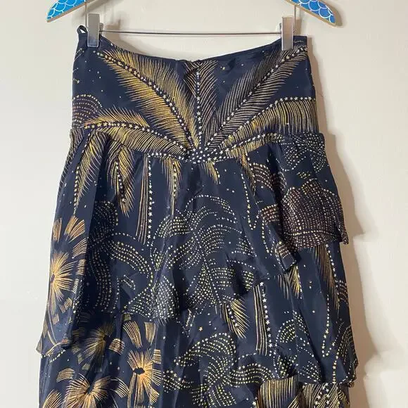 FARM RIO Golden Foliage Layered Asymmetrical Ruffle Maxi Skirt Medium - Picture 3 of 9